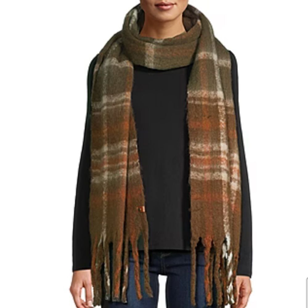 Frye & Co. Brown Boots Plaid Check Midweight Large Tasseled Blanket Scarf